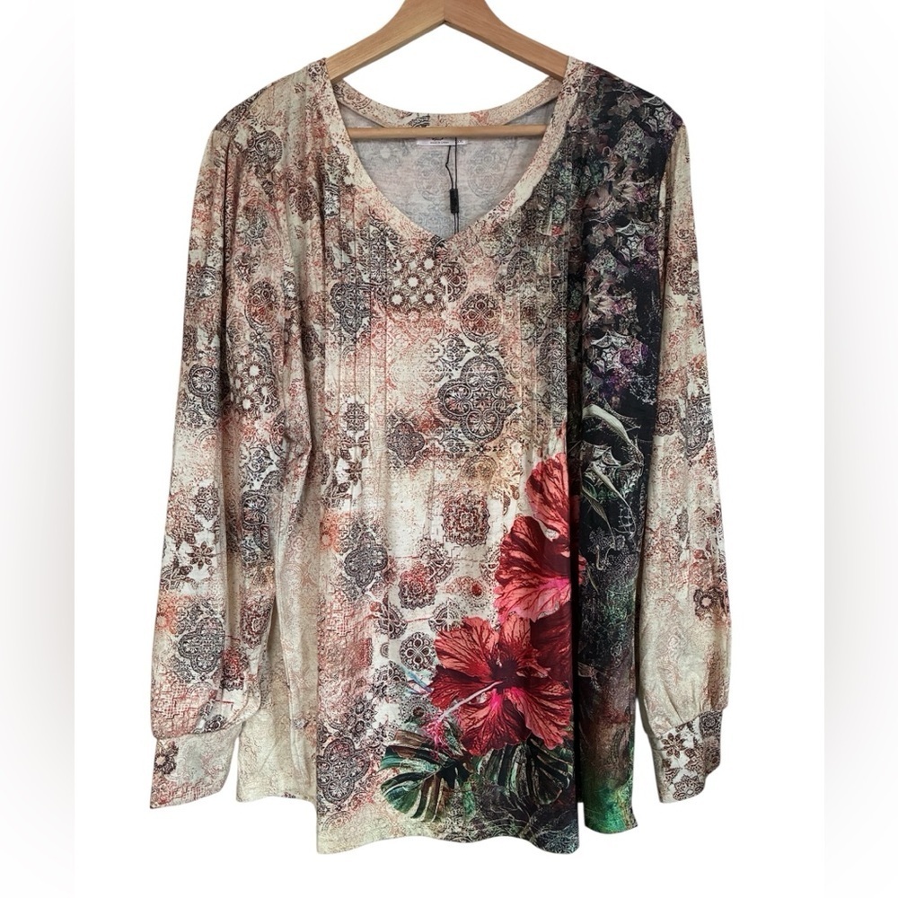Zeagoo Tunic Top 3X Antique Floral Tattoo Long Sleeve Boho Whimsigoth Y2K
